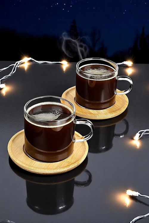 Espresso Fincan 6'lı Bardak ve Bambu 6'lı Altlık Seti
