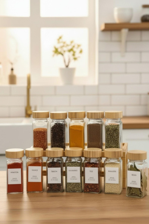 12 li Cam Baharatlık Bambu Kapaklı 120 ml, Cam Saklama Kavanozu