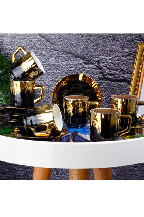 6 Kişilik Yaldızlı Kahve Fincan Takımı Siyah Gold - Kgp-095