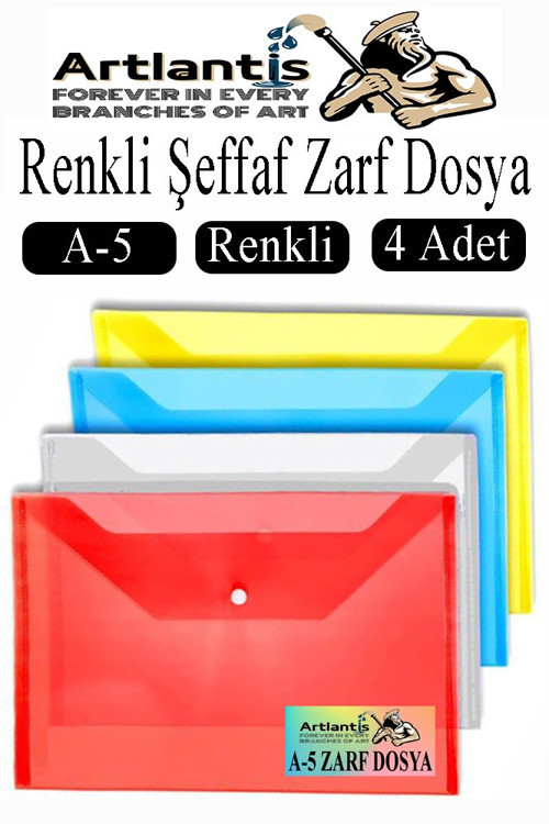 A5 Çıtçıtlı Dosya Şeffaf Renkli Zarf Dosya 4 Renk 17x22 cm Çıt Çıtlı Dosya Su Geçirmez 50 Yaprak Kapasiteli