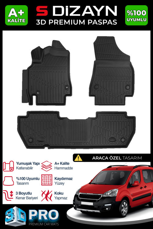 Peugeot Partner Tepee 3D Pro Havuzlu Paspas 2008-2018 Üzeri A+ Kalite