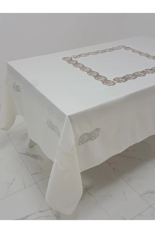 Bahar Lüx Dantelli Krep Kumaş Krem Masa Örtüsü 170x330 Cm 1001