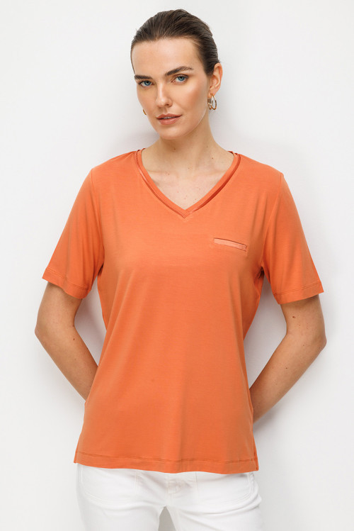 Kadın V Yaka Cebi Saten Şeritli Penye T-Shirt 26828 Somon