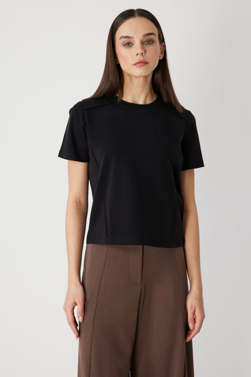 Kadın Dikiş Detaylı Sıfır Yaka T-Shirt 71458 Siyah