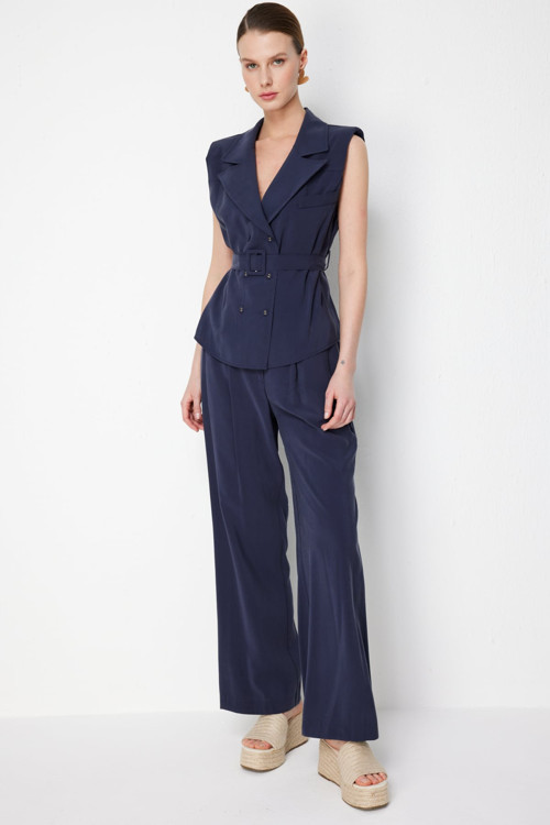 Kadın Pile Detaylı Bol Paça Pantolon 74909 Indigo