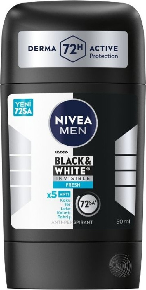 Men Erkek Stick Deodorant Black&White Invisible Fresh 50 Ml, 72 Saat Anti-Perspirant 4 Adet