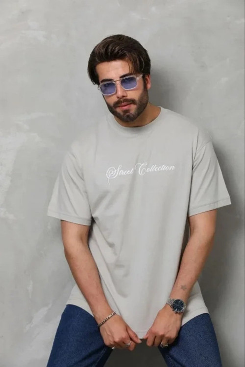 Erkek Baskılı T-Shirt Kısa Kol Bisiklet Yaka Regular Fit Rahat Kalıp Günlük Tişört - Gri