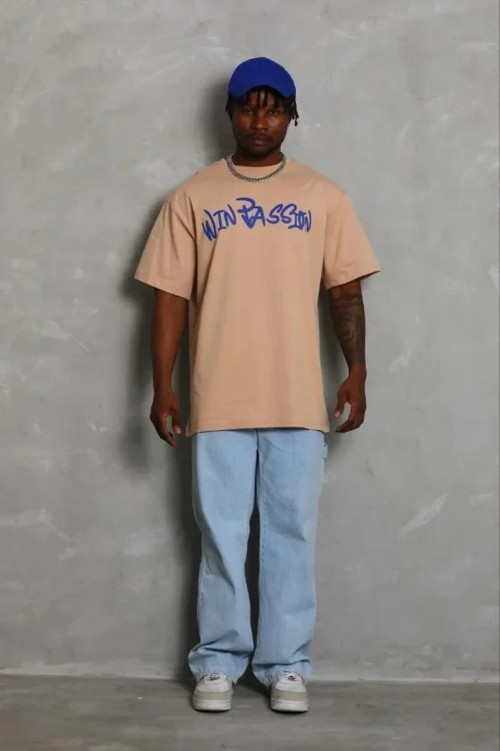 Erkek Baskılı T-Shirt Kısa Kol Bisiklet Yaka Regular Fit Rahat Kalıp Günlük Tişört - Bej