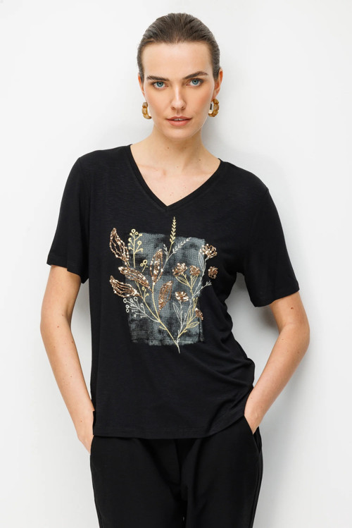 V Yaka Önü Pul Payet İşlemeli Penye Kadın T-shirt 26838