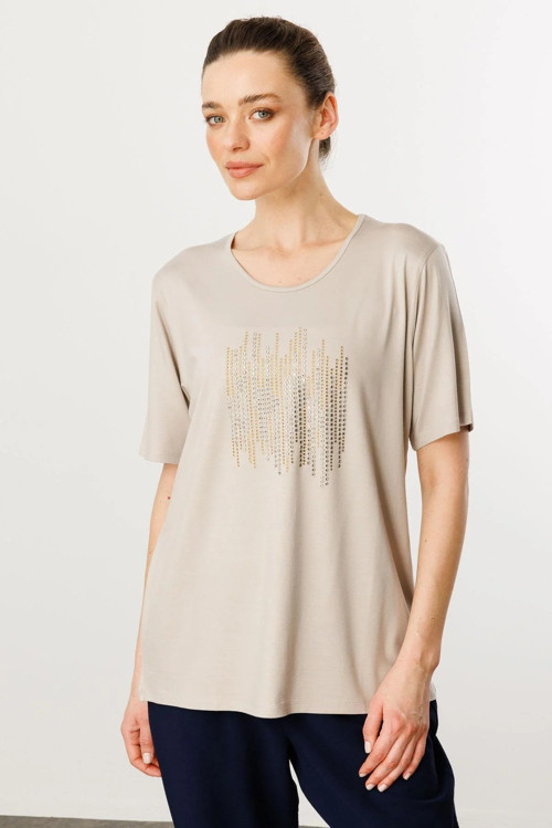 Sıfır Yaka Taş Baskılı Penye Kadın T-Shirt 25769