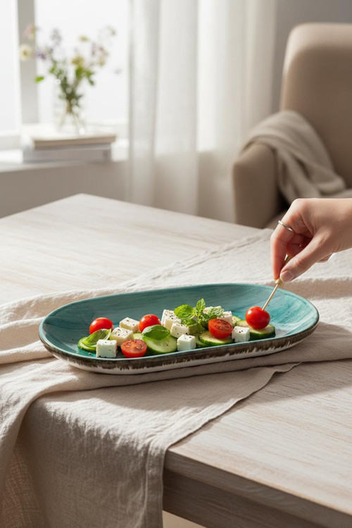 6 lı Seramik Kayık Tabak, Çerezlik, Kahvaltılık Yeşil 19cm