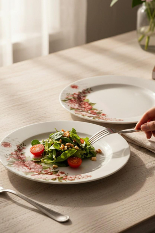 6'lı Porselen Servis Tabak Pasta Tabağı 25,5cm Çiçekli Model