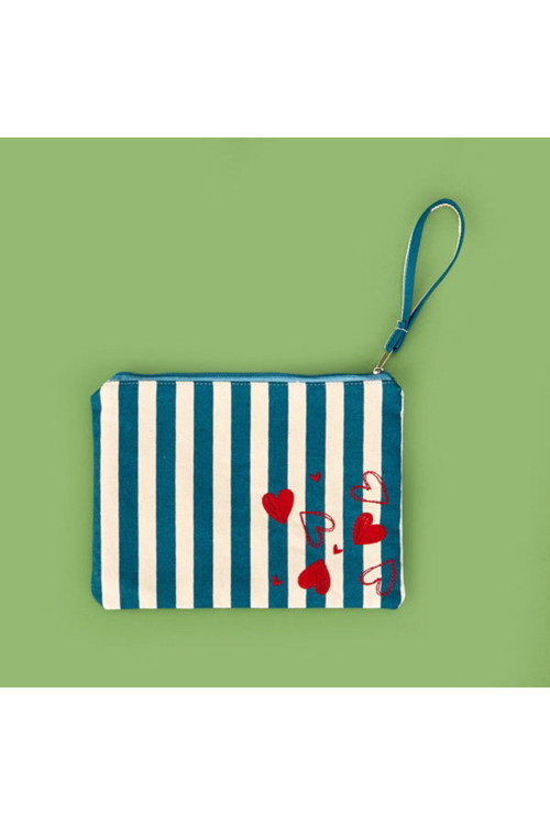 Çizgili Kalp Detaylı Kozmetik Çantası - Mavi / Bej - 16X25 Cm
