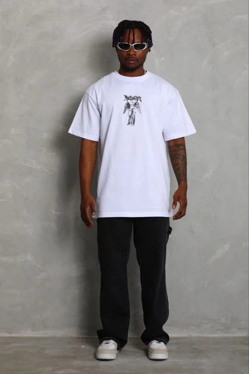 Erkek Baskılı T-Shirt Kısa Kol Bisiklet Yaka Regular Fit Rahat Kalıp Günlük Tişört - Beyaz