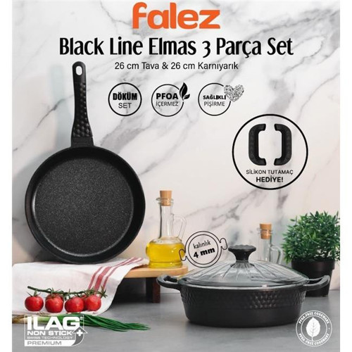 Black Line Elmas 3 Parça Döküm Set 26 CM TAVA +26 KY TENCERE