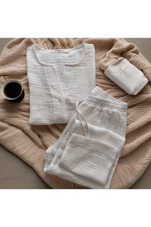 Düğmeli Pijama Takım - Organik Müslin Takım - Kadın Pijama - Gömlek Takım- Naturel Doğal