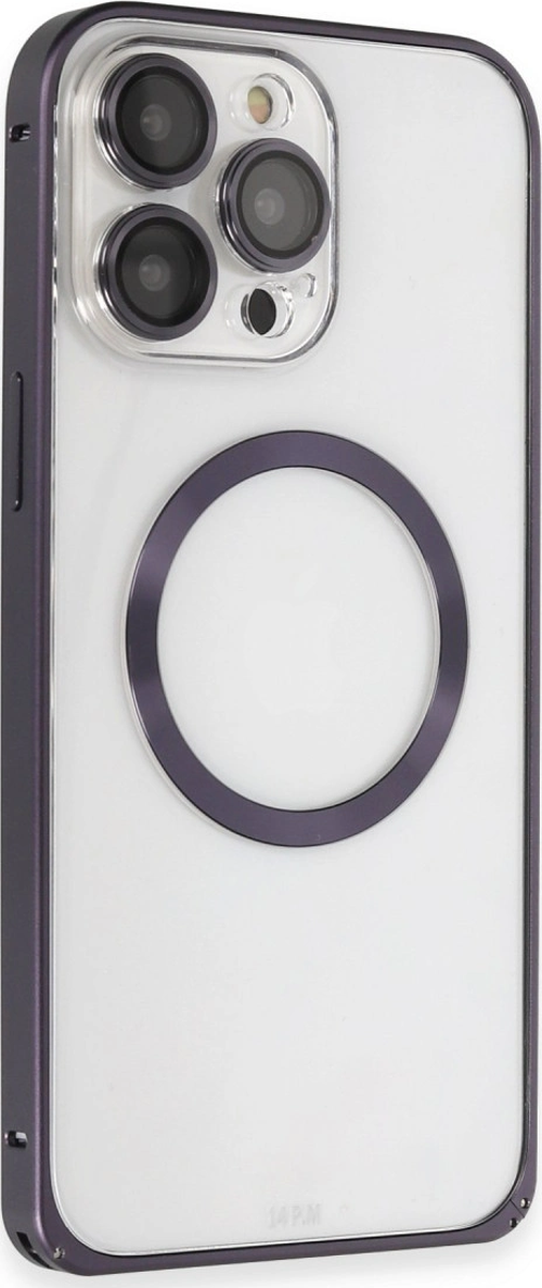 iPhone 14 Pro Kılıf Metal Bumper Magneticsafe Kapak - Derin Mor