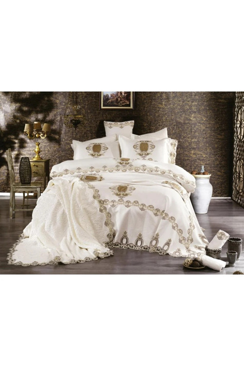 Hale Lüks Güpürlü Polyester Pamuk Kumaş Krem Çeyiz Seti 12 Parça 148