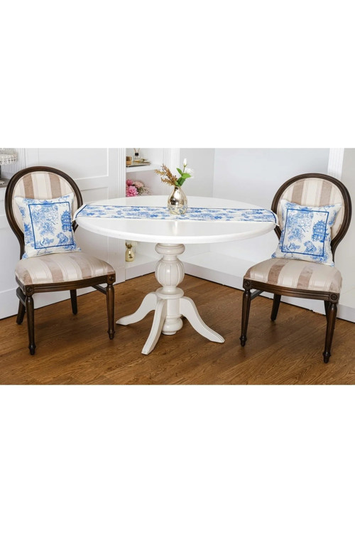 Festival Baskılı Kumaş Kreme Mavi Runner Kırlent Seti 3 Parça 135X50 Cm 1374