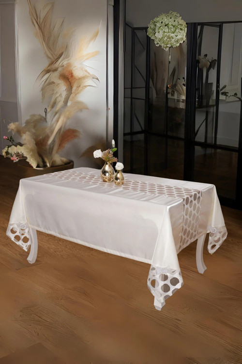 Miranda Lüx Dantelli Monoray Kumaş Krem Masa Örtüsü 170x230 Cm 1005