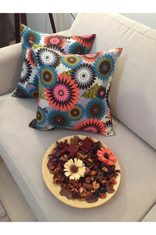 Geometrik Çiçek Baskılı Pamuk Kumaş Krem Kırlent 45x45 Cm İkili 810