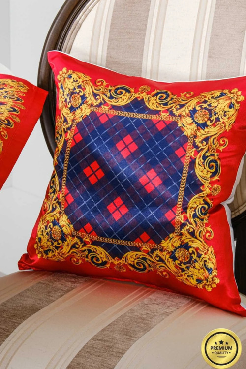 Belize Baskılı Saten Kumaş Kırmızıya Siyah Kırlent Kılıfı 45x45 Cm 1443