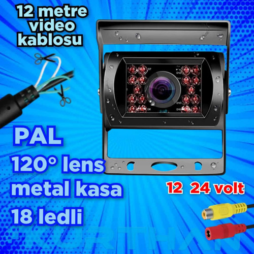 METAL KASA 18 IR LEDLİ 12 - 24 VOLT UYUMLU TİCARİ ARAÇ KAMERASI 12 METRE VİDEO KABLOLU