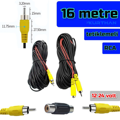 16 METRE ARAÇ KAMERASI VİDEO KABLOSU - RCA SOKET - 12 * 24 VOLT