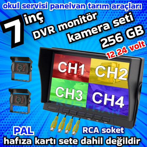 2 ADET ŞAPKALI METAL KASA LEDLİ KAMERA 7 İNÇ HYBRİD 4 KANALLI 256 GB DVR MONİTÖR 12*24 VOLT