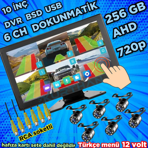 AHD 720p RCA BEYAZ LEDLİ KELEBEK KAMERA 6 KANALLI 10 İNÇ DOKUNMATİK USB BSD DVR EKRAN 12 VOLT