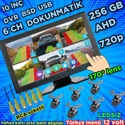 LEDSİZ KELEBEK KAMERA 170'' AHD 720p RCA 6 KANALLI 10 İNÇ DOKUNMATİK USB BSD DVR EKRAN 12 VOLT