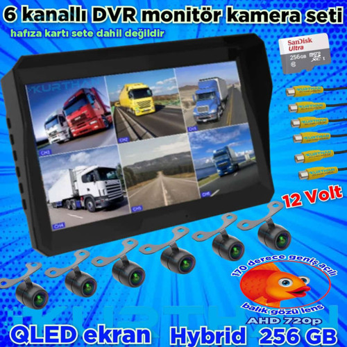 LEDSİZ 6 ADET AHD 720P BALIK GÖZÜ KELEBEK KAMERA 6 KANALLI 10'' HYBRİD DVR MONİTÖR 12 V 256 GB