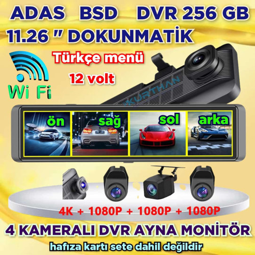 4 KAMERALI 11.26'' DOKUNMATİK DVR AYNA MONİTÖR 256 GB * 12 VOLT * ADAS-BSD* WİFİ