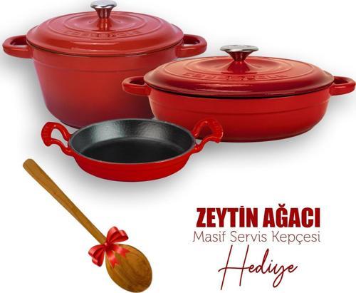 3X New Heritage Kırmızı Demir Döküm Tava Tencere Seti