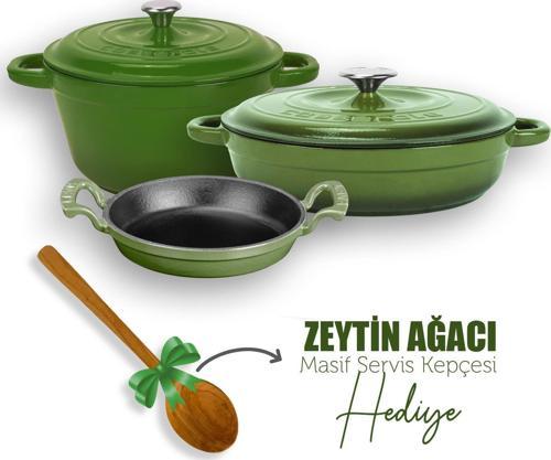 3X New Heritage Yeşil Demir Döküm Tava Tencere Seti
