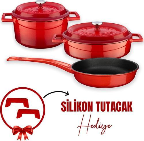 Trendy 3x Kırmızı 6 Parça Tencere ve Tava Seti