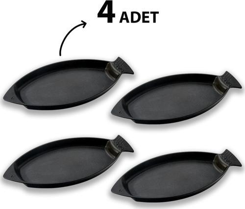 Döküm 4 lü Set Balık Tabağı Döküm Demir Yekpare Kulplu Ölçü 15x24cm.