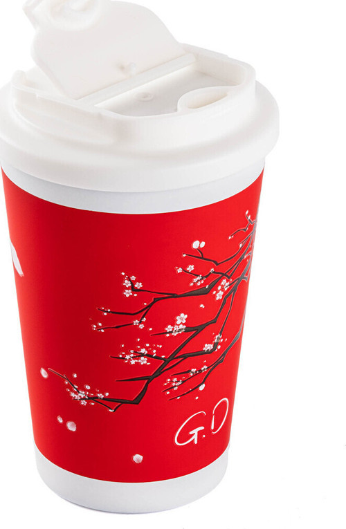 Kake Kırmızı Sakura Desenli Paslanmaz Çelik Termos Bardak 380Ml