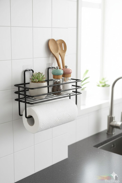 Yapışkanlı Raflı Kağıt Rulo Havluluk Peçetelik Siyah Banyo Mutfak Düzenleyici Raf