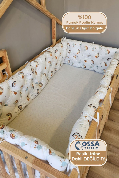 Montessori ve Beşik İçin 4 Kenar Koruma Seti Pamuk Kumaş Tarçın Gök Desenli
