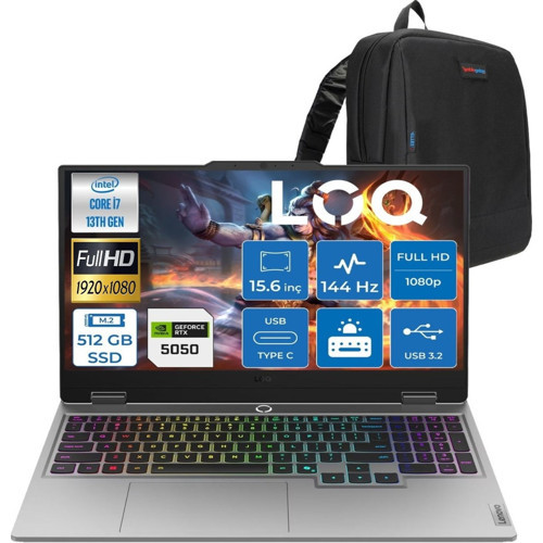 Loq 13.nesil Inrel Core I7 13700HX RTX5050 (8gb 100W) 48GB Ram 512 GB SSD 15.6 (1920X1080) IPS 300NITS 144Hz 100% Srgb W