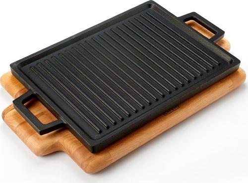 Döküm Dikdörtgen Çift Yön Izgara Hot Plate Döküm Demir Yekpare Çift Kulplu Kayın Servis Ahşabı Ölçü 22x30cm.