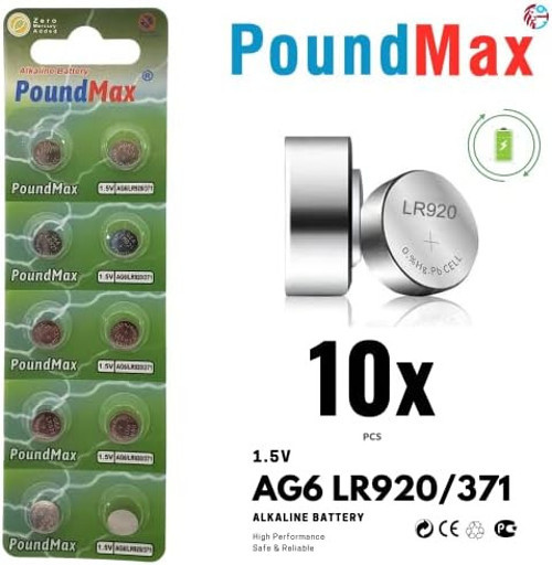 PoundMax 10 adet AG6 (370,371,LR921,LR69,SR920W) 1.5V Alkalin Düğme Pil