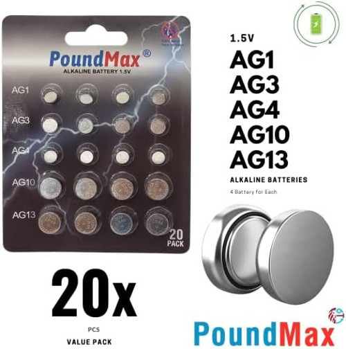 PoundMax 20 adet AG1,AG3,AG4,AG10,AG13 alkalin karışık pil