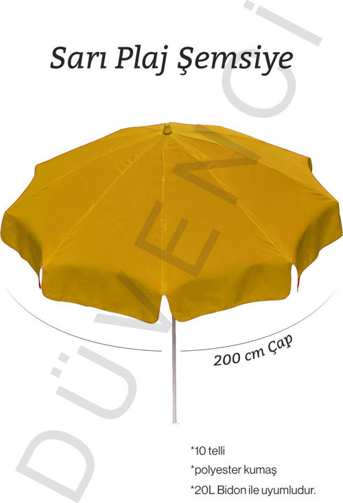 Sarı Plaj Şemsiyesi 200 cm çap /10 telli, Polyester Kumaş