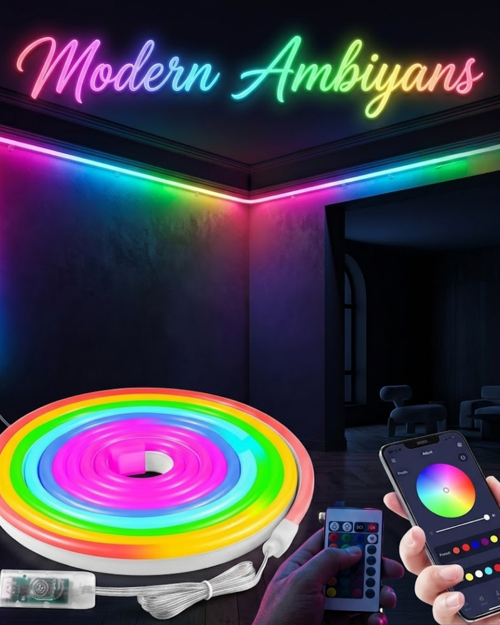 uygun Dekoratif RGB LED Şerit Neon Işık 3 Metre Su Geçirmez Uzaktan Kumandalı Ortam Aydınlatma