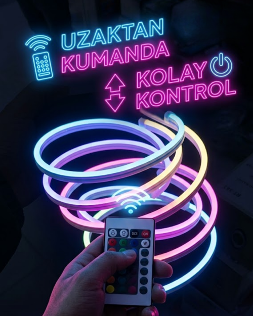 popüler RGB Akıllı LED Neon Şerit Işık 3 Metre Uzaktan Kumandalı ve Telefon Kontrollü Renkli