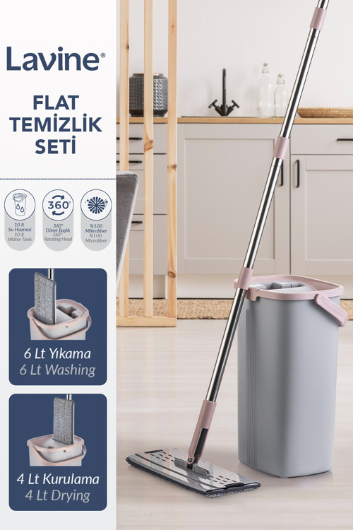 Lavine Flat Mop Temizlik Seti Tablet Mop Su Tahliyeli Paslanmaz Çelik Saplı Premium Kova