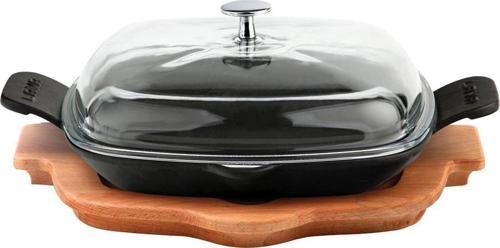 Döküm Kızartma Tavası Cam Kapak Kayın Servis Ahşabı Döküm Demir Yekpare Çift Kulplu Ölçü 26x26cm.