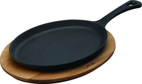 Döküm Oval Fajita Tabağı Döküm Demir Yekpare Saplı Kayın Servis Ahşabı Ölçü 17x23cm.